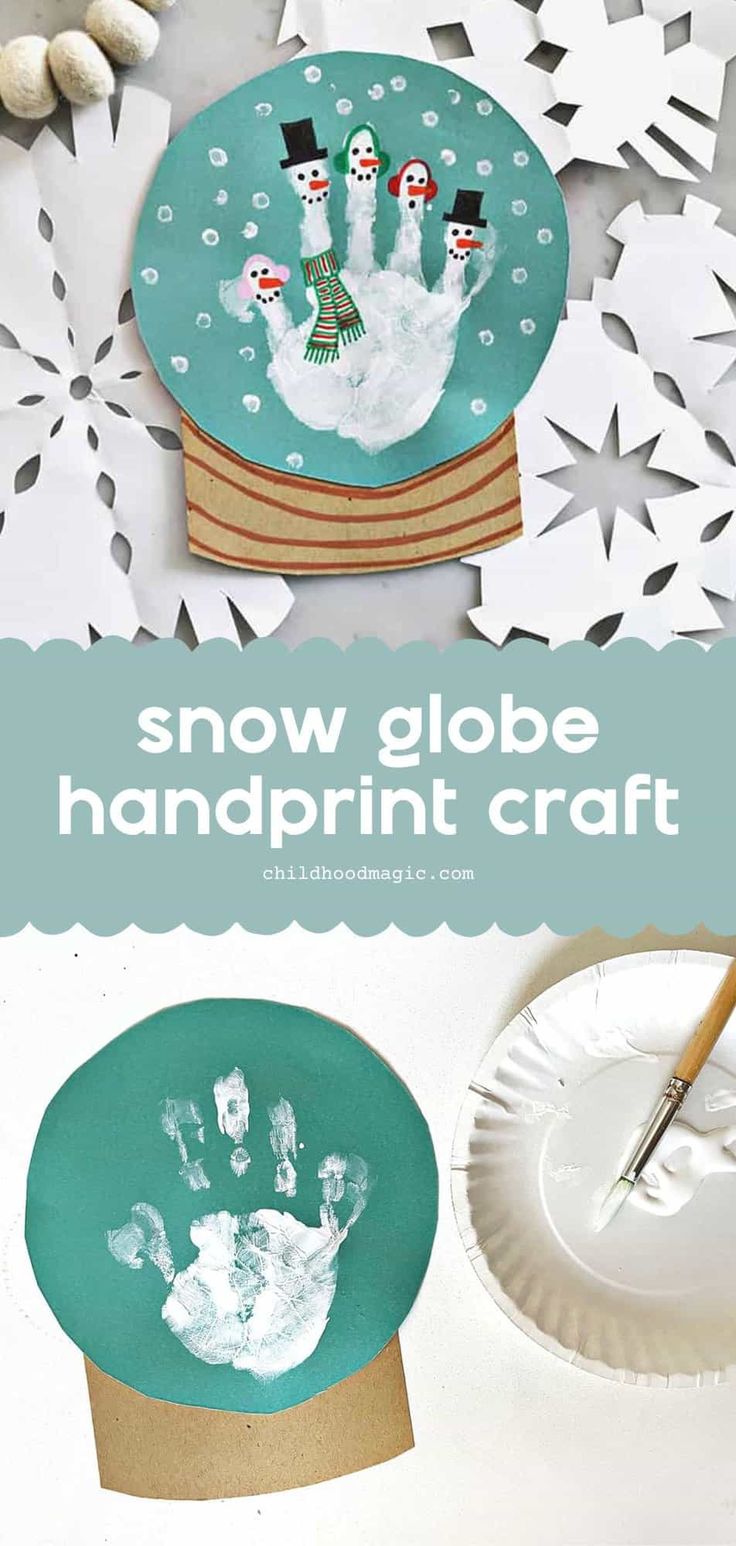 snow globe handprint craft for kids to make with paper plates and other crafts that are also on the table