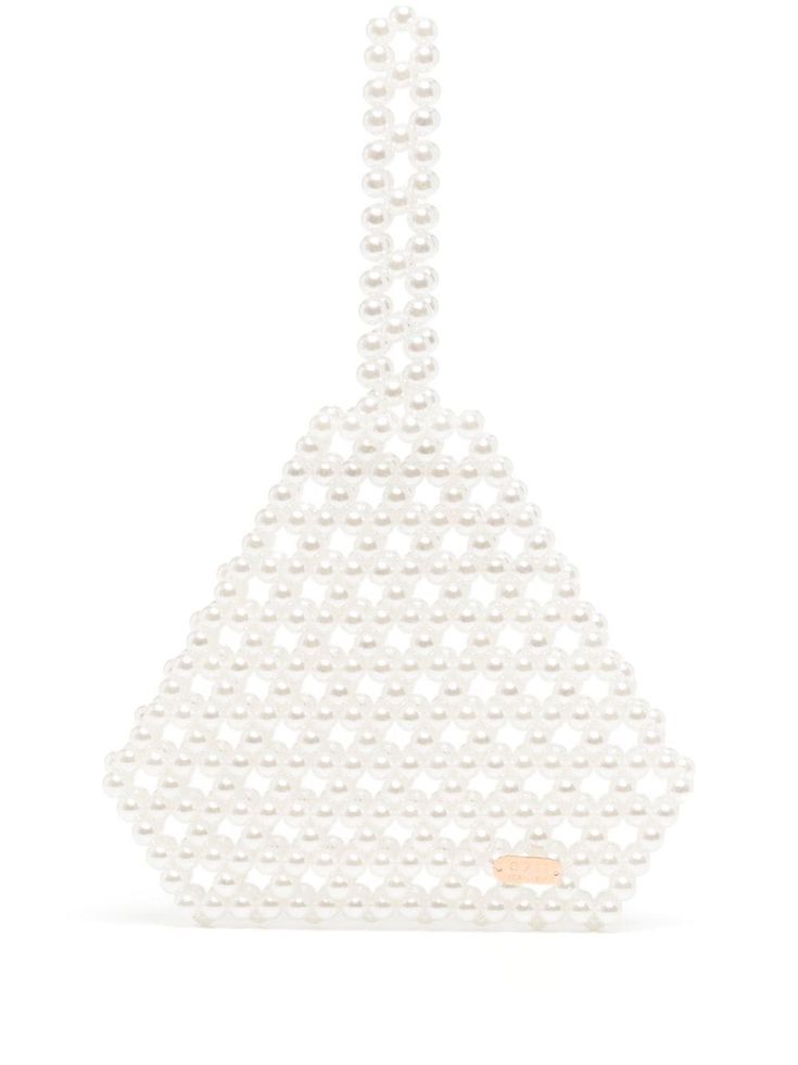 white crystal faux-pearl embellishment logo plaque open top single top handle main compartment Beaded Tote Bag, Demi Fine Jewelry, Beaded Bags, White Crystal, Fine Earrings, Ballet Flat Shoes, Open Top, Spring Colors, White Bag