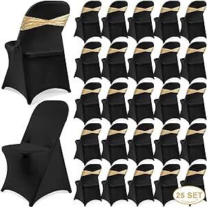 black chair sashes with gold ribbon and matching napkins for wedding party event decoration