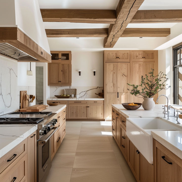 a large kitchen with wooden cabinets and white counter tops, along with an island in the middle