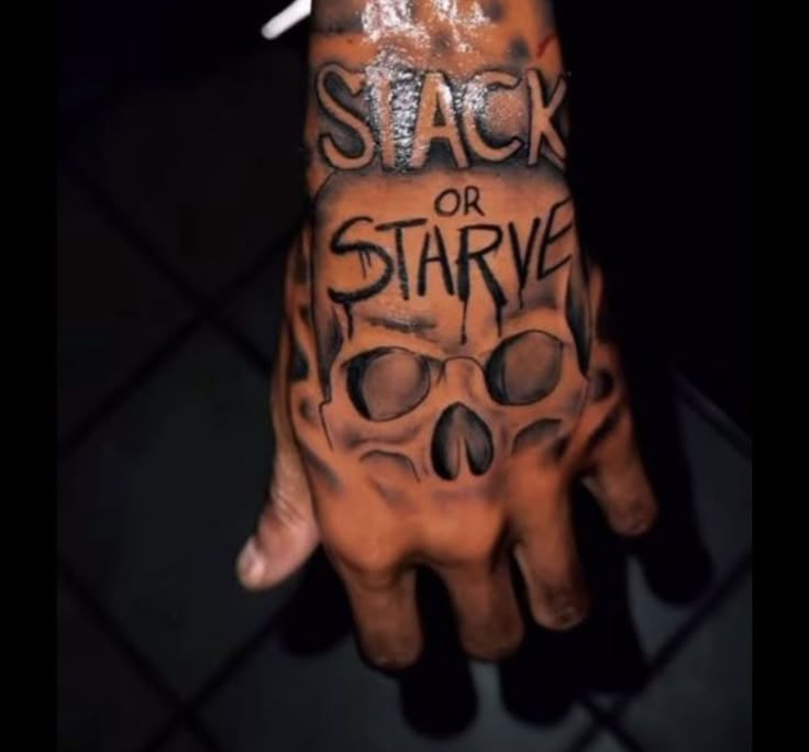 a hand with some writing on it that says stack or strive in black ink