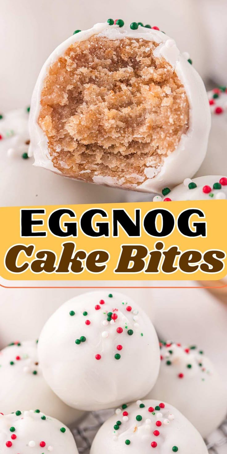 eggnog cake bites with white frosting and sprinkles on top