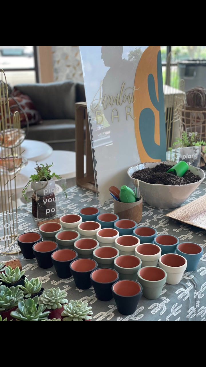 there are many cups on the table with succulents and plants in them