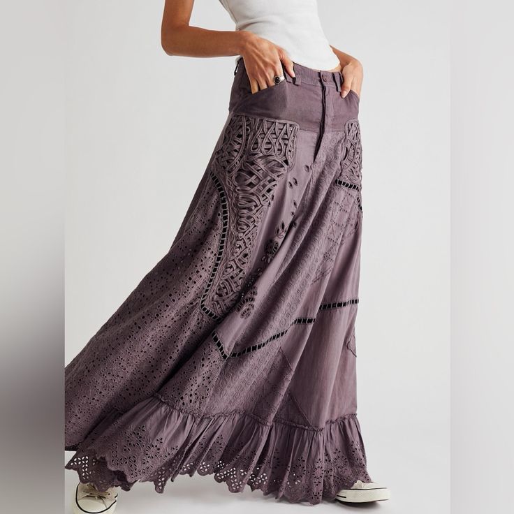 Brand New Without Tags. Size 0. Purple, Appears Slightly More Grey In Person. So Statement-Making And Timeless, This Maxi Skirt Adds The Perfect Touch Of Texture To Any Look. Fit: Mid-Rise, Billowy A-Line Silhouette Features: Mixed Print Paneling, Open-Knit Features, Zip Fly And Button Closure, Scalloped Hemline Why We <3 It: Multidimensional With Endless Ways To Wear, This Skirt Can Effortlessly Be Dressed Up Or Down From Season To Season. Machine Wash Cold 100% Cotton Fall Maxi Skirt, Festival Maxi Skirt, Maxi Skirt Fall, Lace Maxi Skirt, Fall Maxi, Maxi Lace Skirt, Perfect Fall Outfit, Earthy Outfits, Free People Skirt