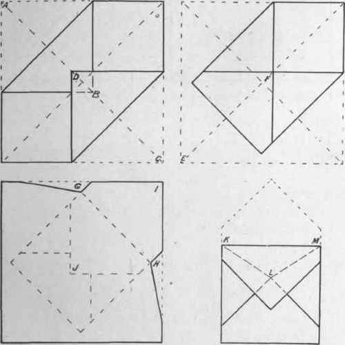 four different shapes are shown in black and white, each with an origami design