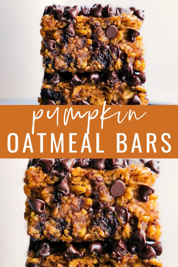 pumpkin oatmeal bars stacked on top of each other with text overlay