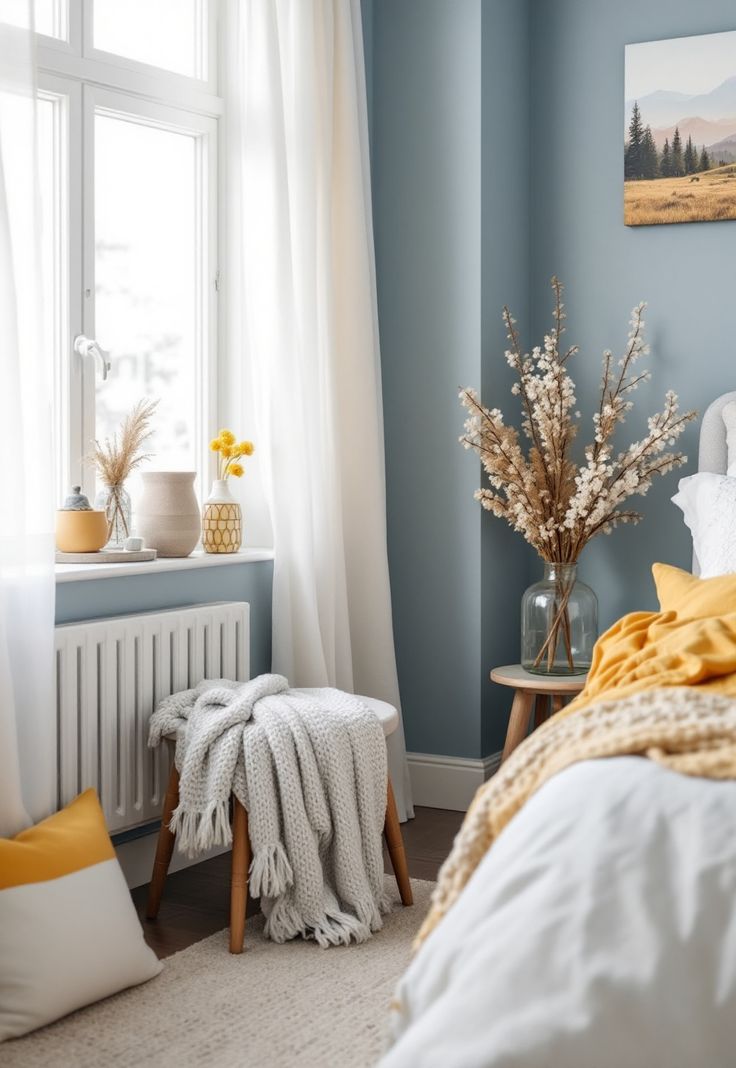 Blue and Yellow Boho Decor Soft Yellow Bedroom, Light Blue And Yellow Bedroom, Bedroom Blue And Yellow, Ochre Bedroom, Blue And Yellow Bedroom, Comfortable Decor, Blue Yellow Bedrooms, Relaxing Spaces, Boho Decor Ideas