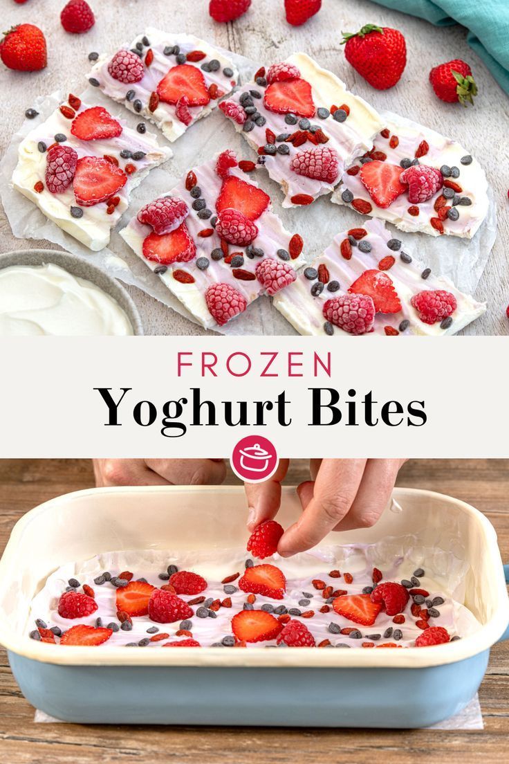 frozen yogurt bites with strawberries and chocolate chips on top in a baking dish