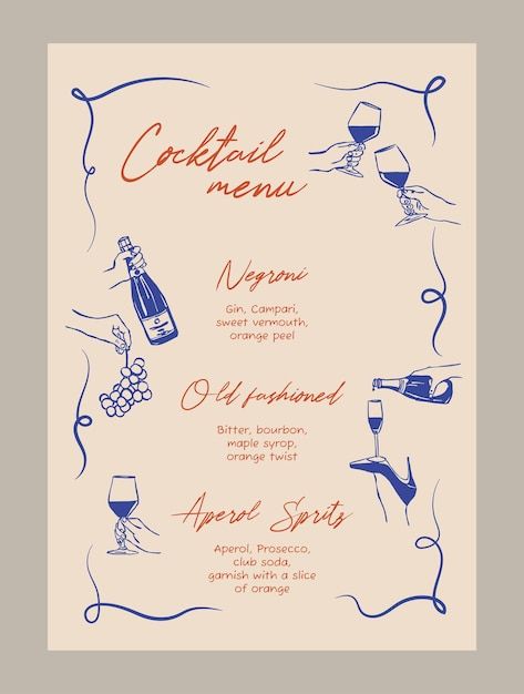 a menu with wine glasses and bottles on it