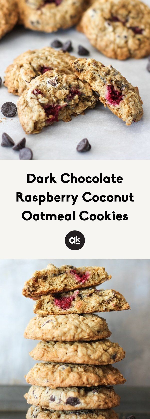 chocolate chip raspberry coconut oatmeal cookies stacked on top of each other