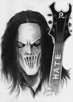 a black and white drawing of a man with long hair holding a guitar in front of his face