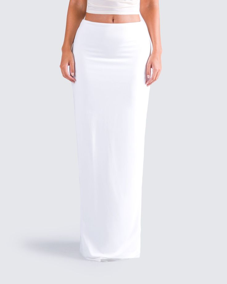 A white maxi skirt is a staple that everyone needs 🙌 With a simple and sleek design, this look is perfect for dressing up or down for any occasion. Made from a slinky jersey fabric, and complete with a mid-rise fit and ruching details 🤍 Maxi White Skirt, White Maxi Skirt, White Maxi Skirts, White Maxi, White Jersey, Body Con Skirt, Fancy Outfits, White Skirts, Jersey Fabric