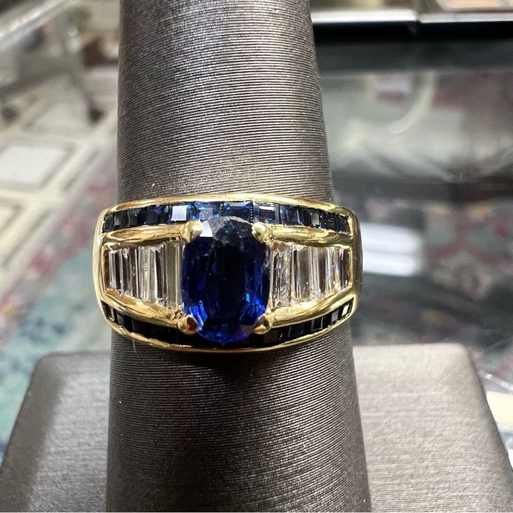 18k Yellow Gold Diamond & Sapphire Ring. 2 Carats. 6.2 Grams. Size 7. Pt1476 Formal Multi-stone Baguette Cut Sapphire Ring, Baguette Cut Multi-stone Sapphire Ring For Formal Events, Formal Baguette Cut Multi-stone Sapphire Ring, Baguette Cut Multi-stone Sapphire Ring For Formal Occasions, Luxury 14k Stamped Sapphire Ring, Blue Sapphire Ring With Multi-stone Baguette Cut, Blue Sapphire Multi-stone Baguette Ring, Blue Multi-stone Baguette Cut Sapphire Ring, Timeless Blue Multi-stone Sapphire Ring