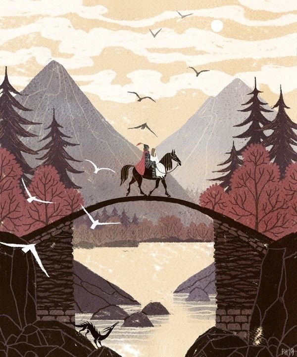 a man riding a horse across a bridge over a river with mountains in the background