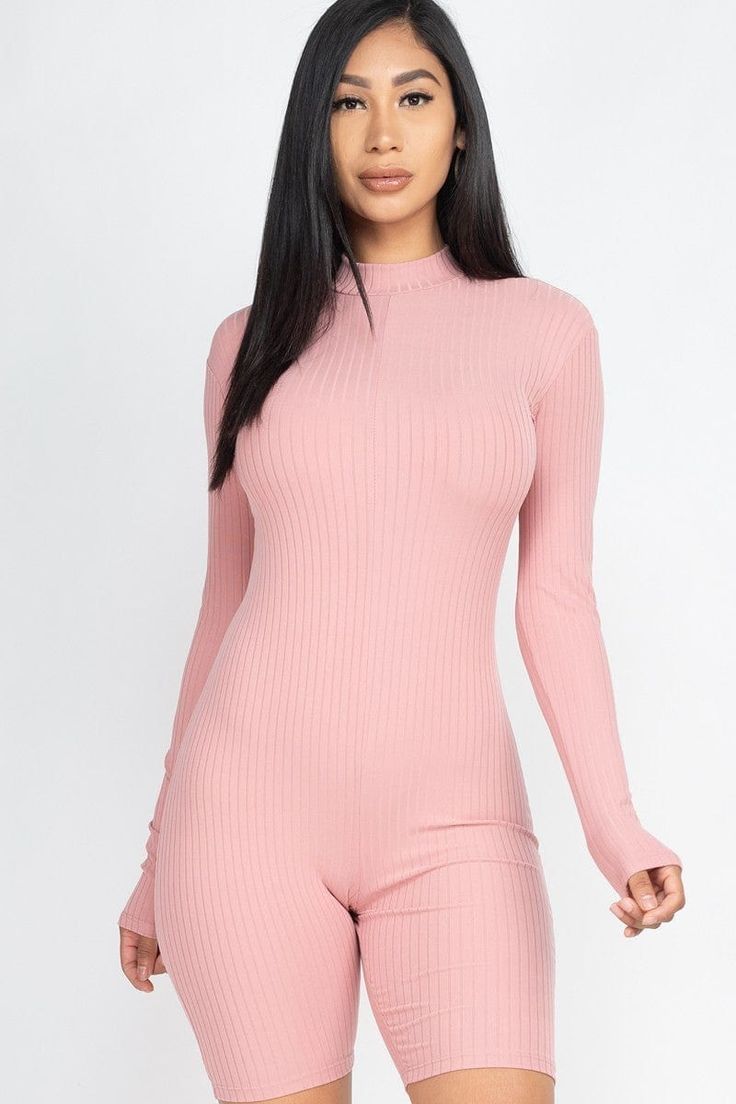 Ribbed Knit Romper - Body By J'ne Ribbed Romper, Gel Set, Knit Romper, Mock Neck Long Sleeve, Knitted Romper, Sleeved Romper, Long Sleeve Romper, Sheer Fabrics, Rompers Women