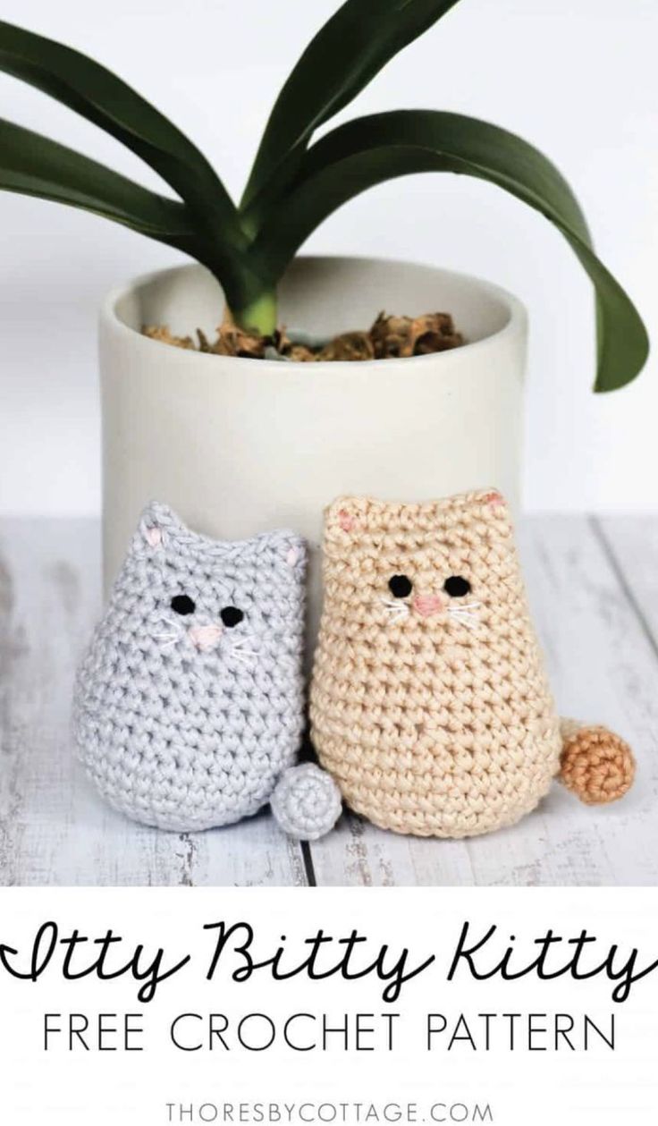 two crocheted cats sitting next to each other in front of a potted plant