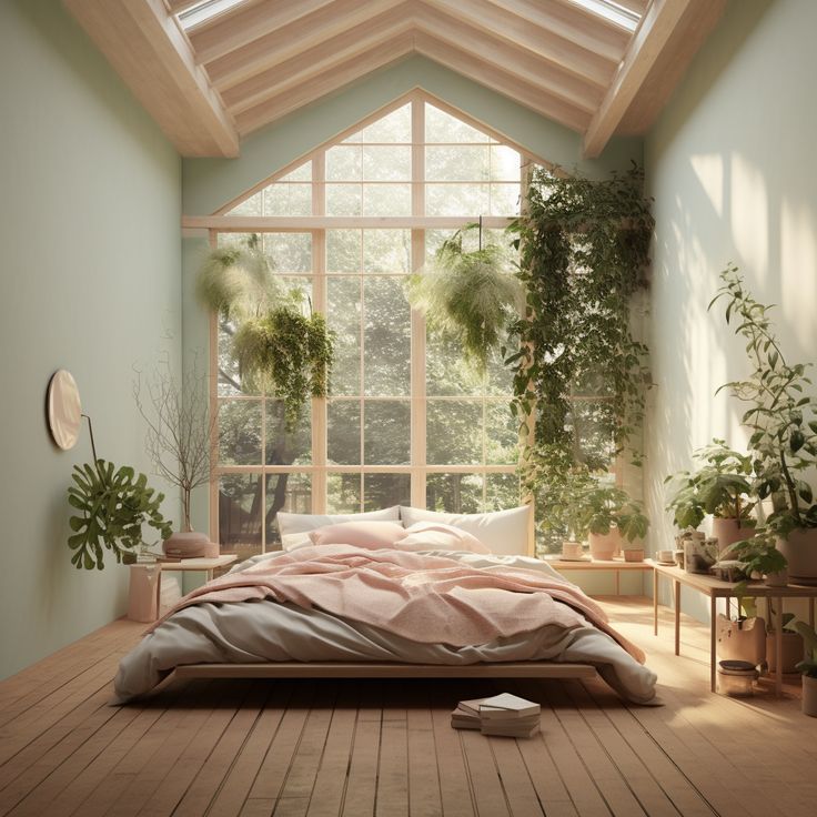 a bed sitting in a bedroom next to a window with potted plants on it