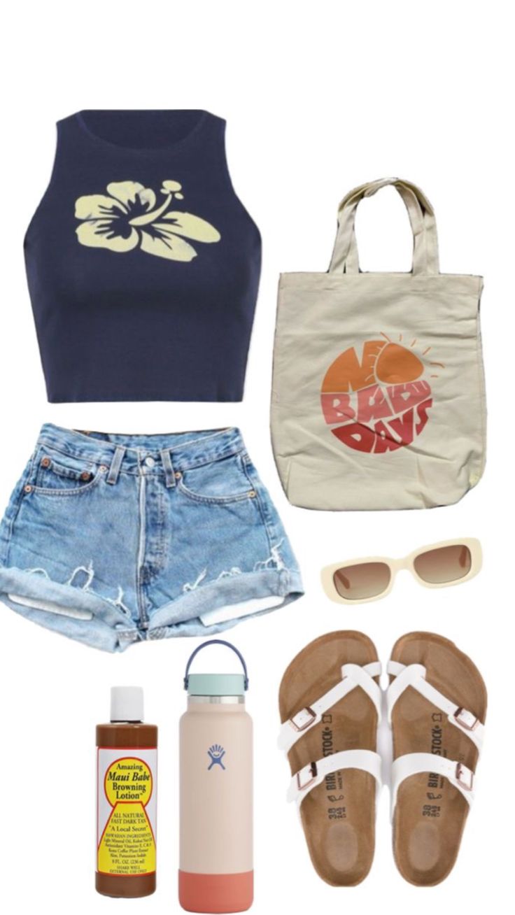 a woman's clothing and accessories including shoes, sunglasses, tote bag