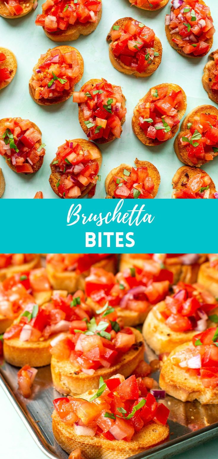 small appetizers with tomatoes and herbs on them are shown in this collage