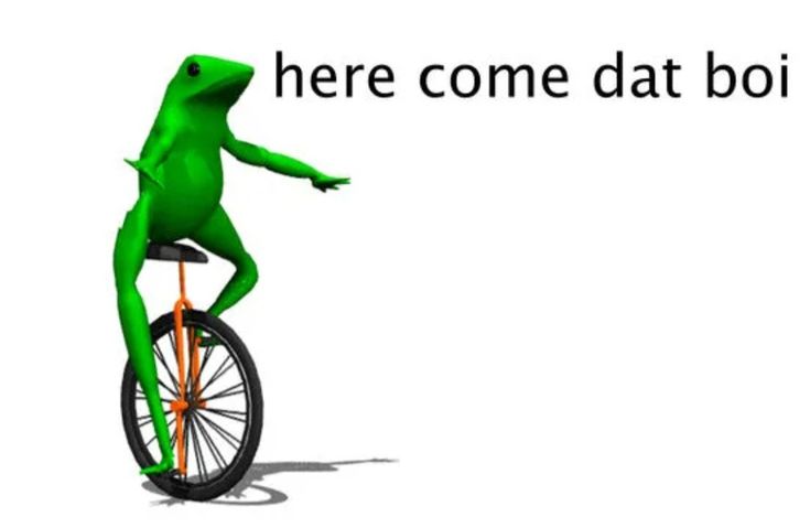 a green frog riding on top of a bike with the words here come dat boi