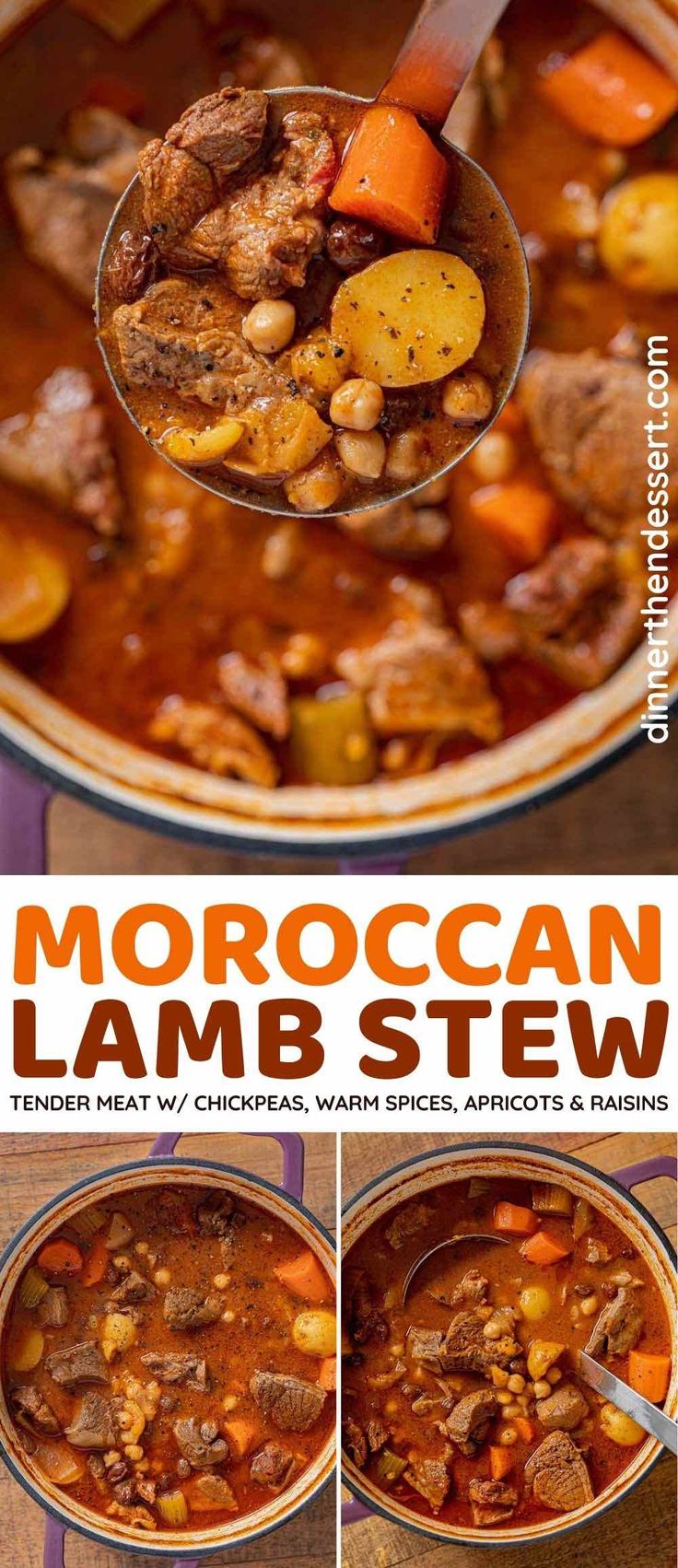 the recipe for moroccan lamb stew is shown in three different pictures