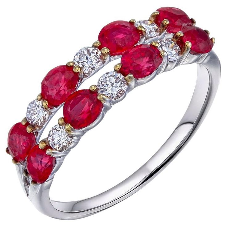 A fine modern ruby and diamond ring, providing a subtle elegance with a personal flair; perfect for lifestyle wear. 8 Oval rubies: 1.40 carat Every ruby is from Burma and natural without any treatment 6 Round diamonds: 0.25 carat 18K White gold: 2.20g Size: 6.5 or 53, but resizable Hand-made Diamond Half Eternity Band, Half Eternity Band, Ruby Diamond, Eternity Bands, Band Rings, Round Diamonds, Diamond Ring, Ruby, Jewelry Rings