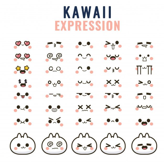 kawaii expression stickers are arranged in different shapes and sizes, with the text'kawaii expression'above them