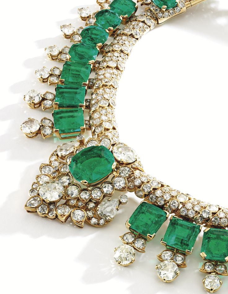 18 Karat Gold, Emerald and Diamond Necklace, Cartier, London The fringe necklace of Indian inspiration, set with 30 oval, cushion, emerald and step-cut emeralds weighing approximately 105.00 carats, accented by round, old European, old mine-cut and pear-shaped diamonds weighing approximately 46.50 carats, internal circumference 13 inches, signed Cartier, London; special order, 1947. With signed and fitted box. Cartier Emerald, Cartier Pendant, Necklace Cartier, Emerald And Diamond Necklace, Colombian Emeralds, Emerald Necklace, Fabulous Jewelry, Emerald Jewelry, Van Cleef