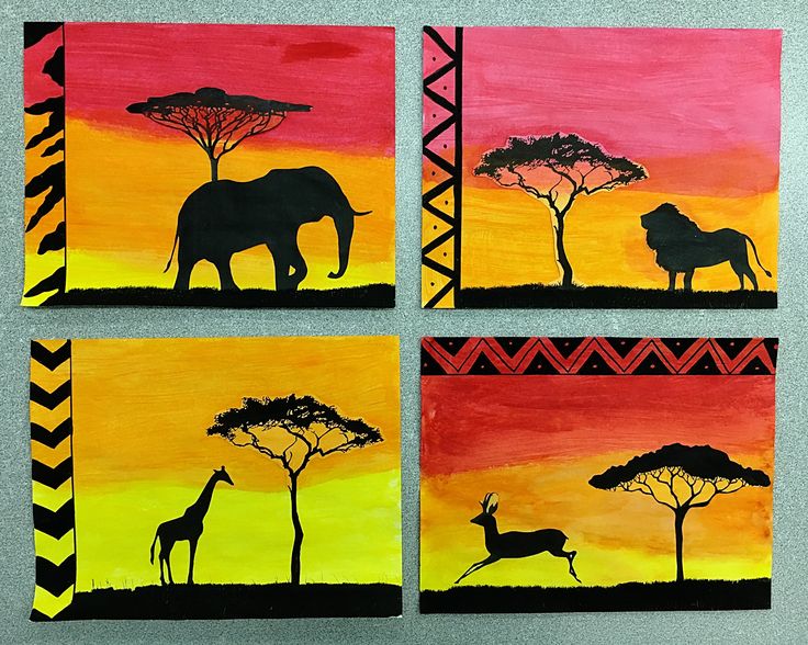 four paintings depicting different animals and trees in the sunset, each painted with acrylic paint