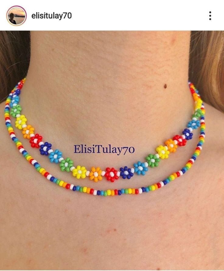 multicolored beaded necklace with white, red, yellow and blue beads