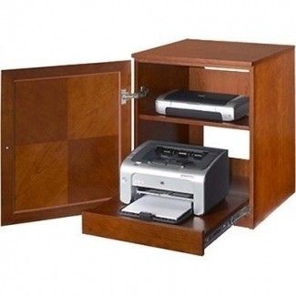 an open cabinet with a printer and scanner in it