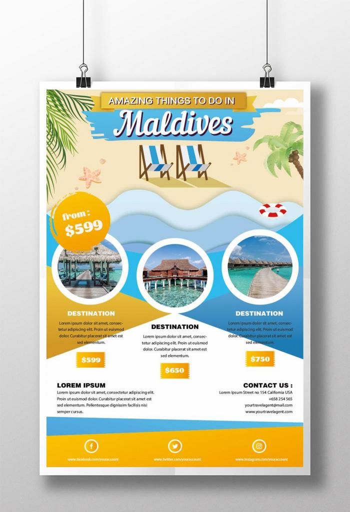 a flyer for a travel company with an image of the beach and palm trees on it