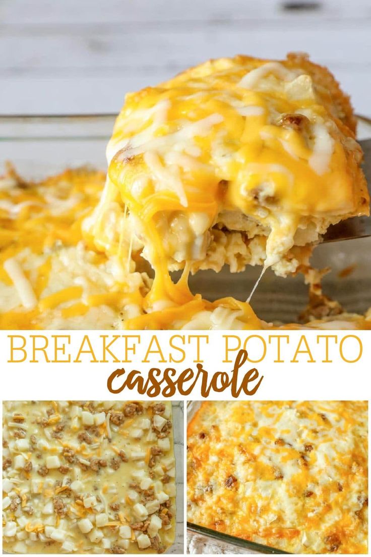 breakfast potato casserole with cheese on top and the title above it reads, breakfast potato casserole