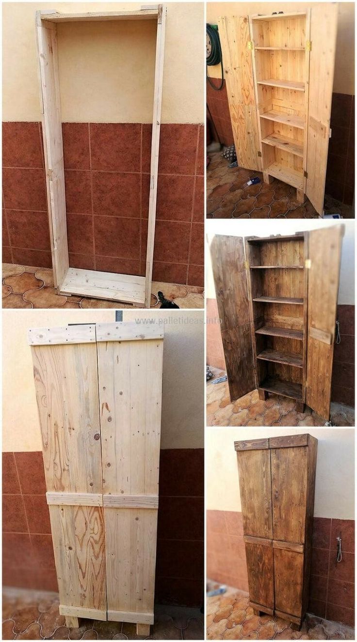 four different pictures of an old wooden cabinet with doors and shelves in various stages of being assembled