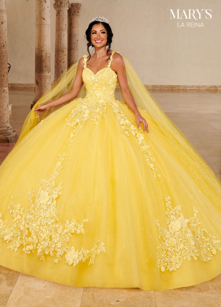 Quinceanera dresses Floral Quinceanera Dress, Yellow Quinceanera Dress, Charro Quinceanera Dresses, Quinceañera Dresses, Mary's Bridal, Military Ball Dresses, Quince Dress, Quince Ideas, Quinceanera Dress