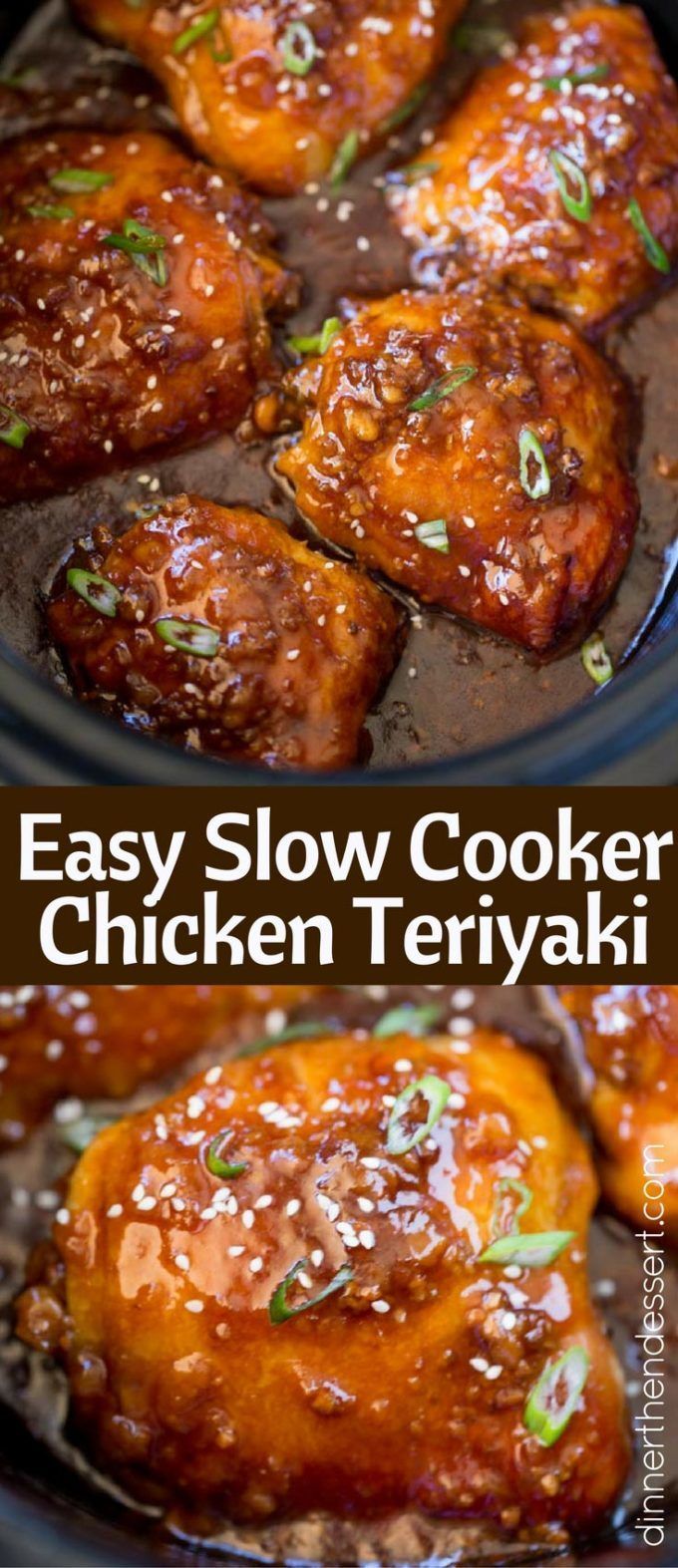 easy slow cooker chicken teriyaki recipe in a crock pot with text overlay