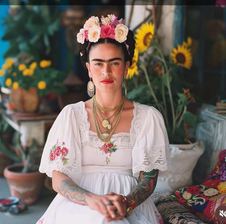 a woman with flowers in her hair sitting on a couch next to potted plants