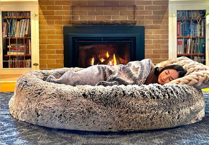 a woman is laying in a dog bed with a fireplace and bookshelf behind her