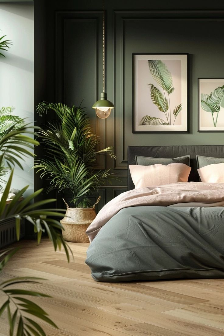 a bedroom with green walls and wooden flooring is pictured in this image, there are plants on the side of the bed