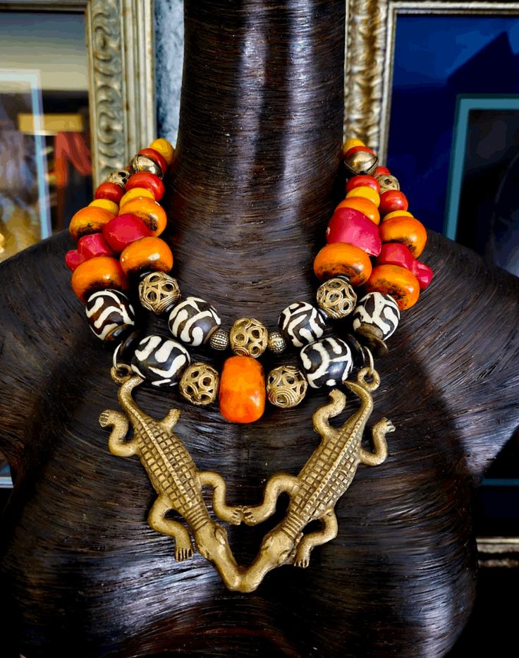 African Double Crocodile Brass Pendant Tribal Red Orange Yellow Ethnic Necklace, Jewelry Jungle Fever Motif, Exotic Wild Neck Candy Unique Double Strand Beaded Necklaces, Unique Double Strand Beaded Necklace, Traditional Double Strand Beaded Jewelry, Unique Multi-strand Beaded Necklaces, Unique Double Strand Festival Necklaces, Traditional Handmade Double Strand Beaded Necklaces, Unique Double Strand Festival Necklace, Traditional Handmade Double Strand Beaded Necklace, Unique Hand-strung Necklaces For Rituals