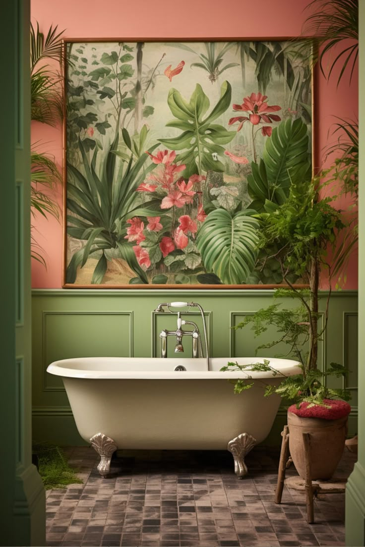 a bath tub sitting next to a potted plant in front of a painting on the wall