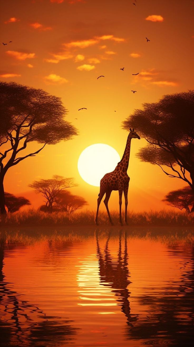 a giraffe is standing in the water at sunset