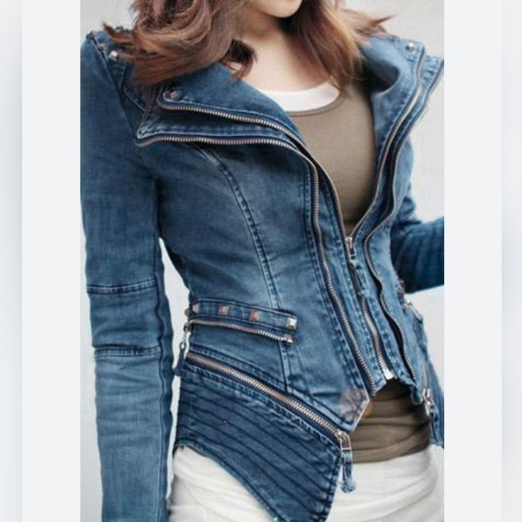 I'm Really Obsessed With This Jacket Preference Trade For Size M Elegant Fitted Denim Jacket For Fall, Trendy Denim Blue Outerwear With Zipper Closure, Trendy Denim Blue Outerwear With Zipper, Chic Denim Blue Outerwear, Blue Denim Jacket With Zipper For Fall, Denim Blue Outerwear With Zipper For Spring, Spring Denim Blue Outerwear With Zipper Closure, Elegant Fitted Long Sleeve Denim Jacket, Winter Denim Blue Long Sleeve Blazer