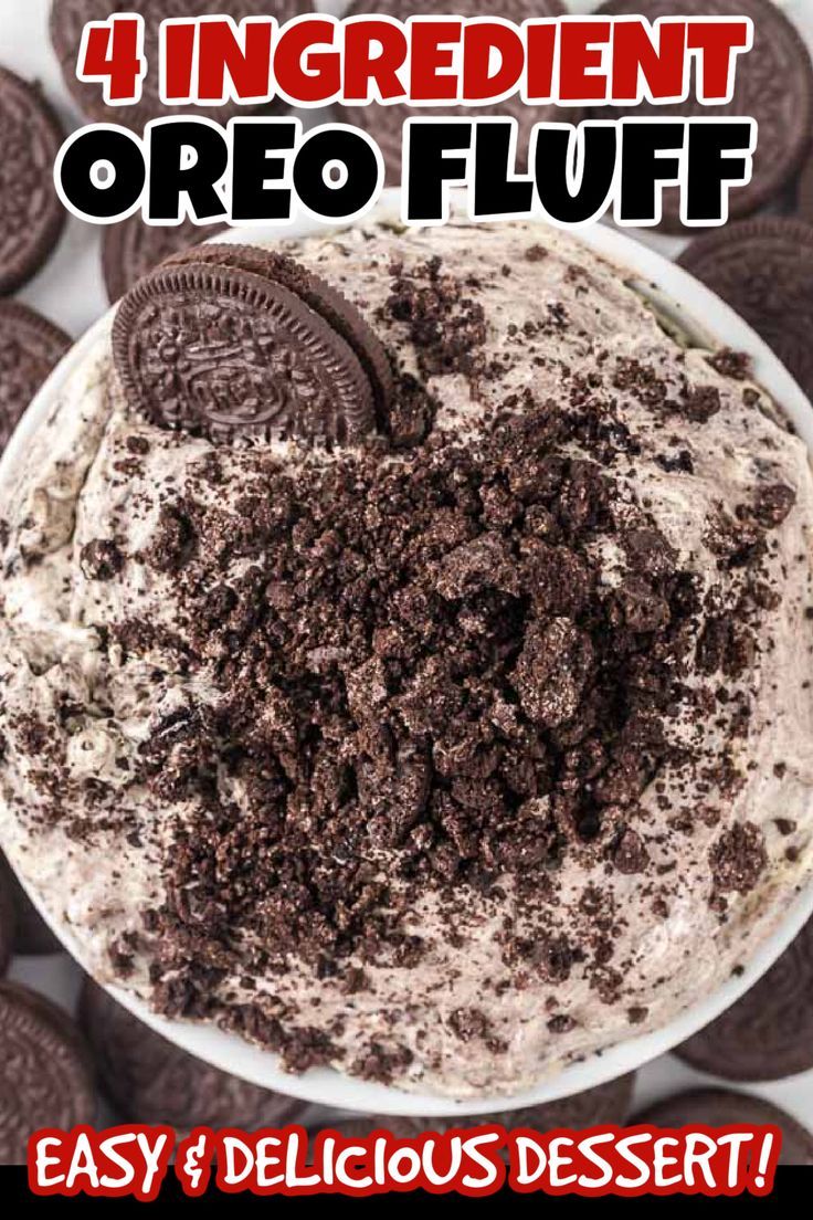 oreo fluff dessert in a bowl with cookies on top