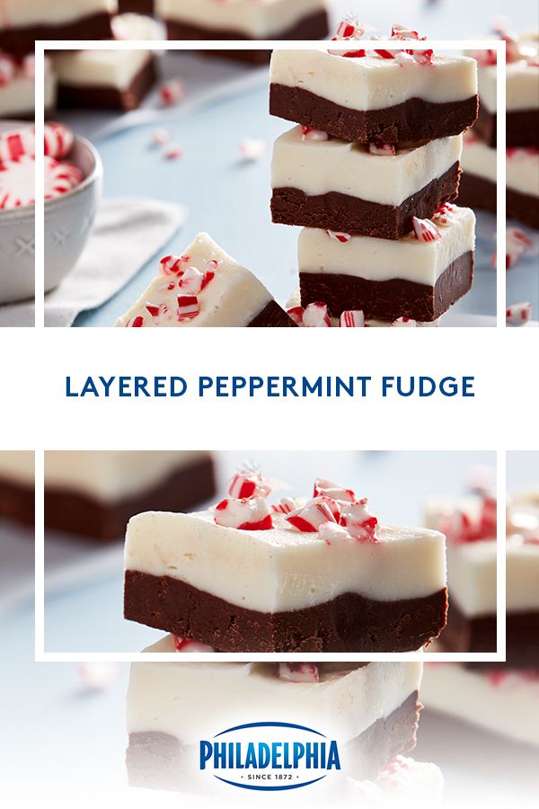 three pictures show different types of peppermint fudges, and the same type of cake