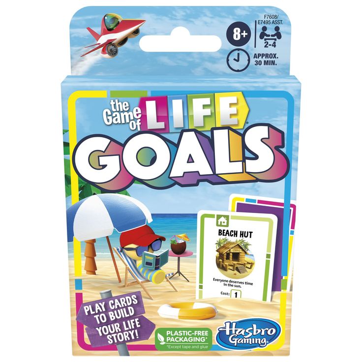 the game of life goals card game in its package with instructions and pictures on it