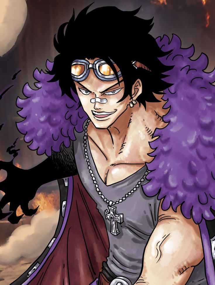 an anime character with purple hair and piercings on his face, wearing goggles