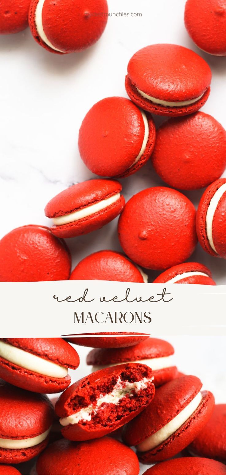 red velvet macarons with white frosting on top and the words, deliciousest macaroons