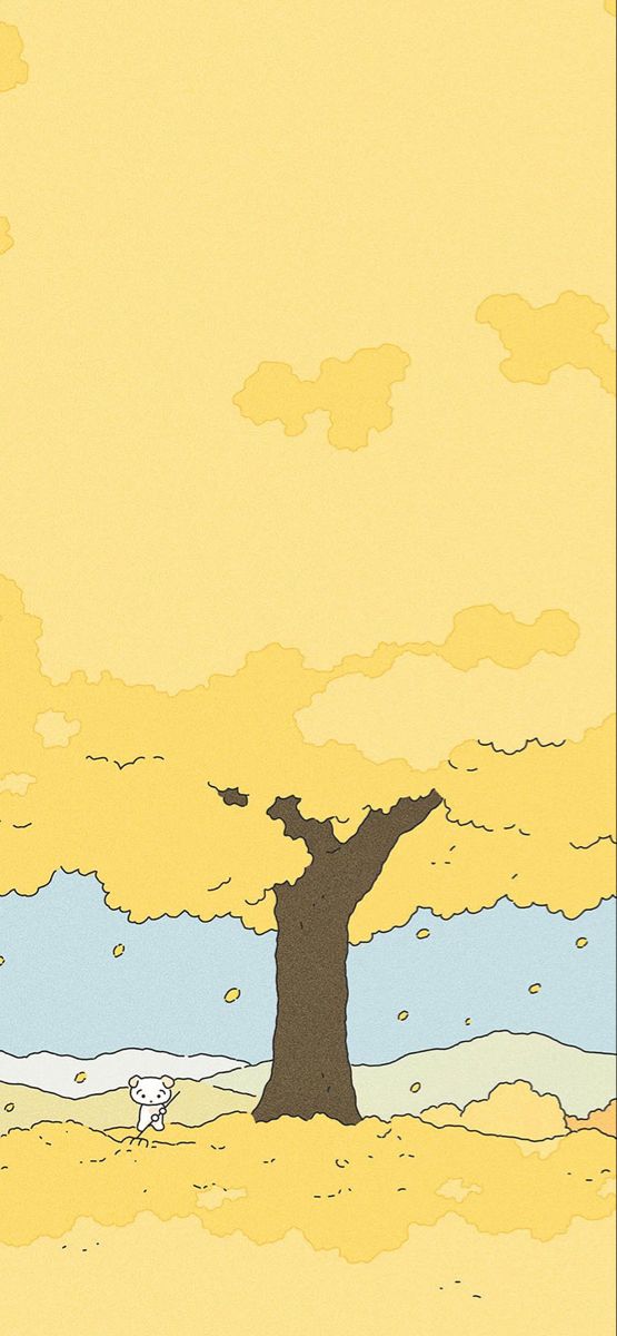 an illustration of a tree in the middle of a field with clouds and sheep on it