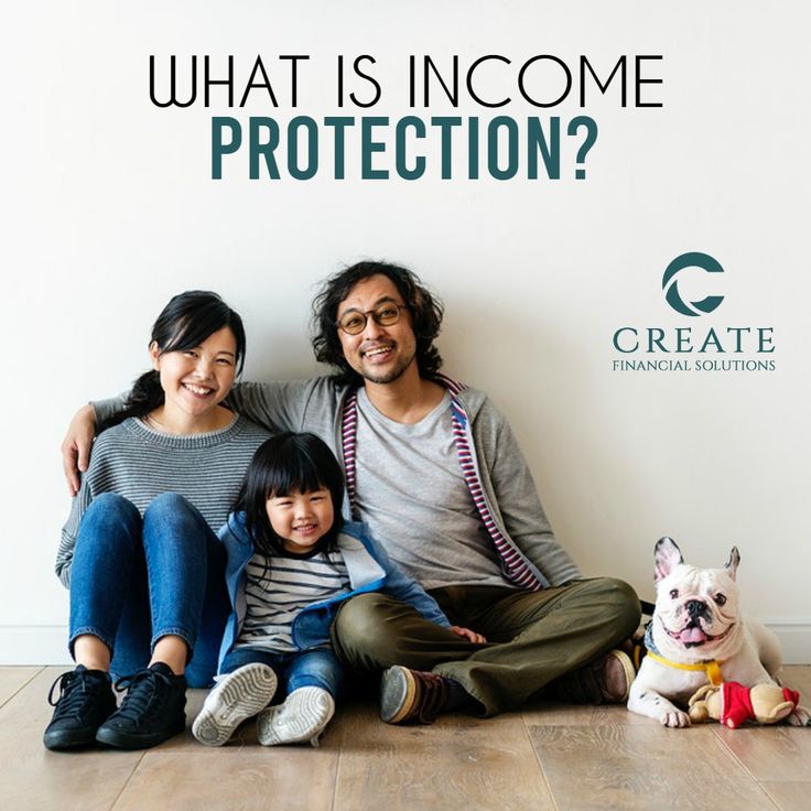 a family sitting on the floor in front of a white wall that says, what is income protection?